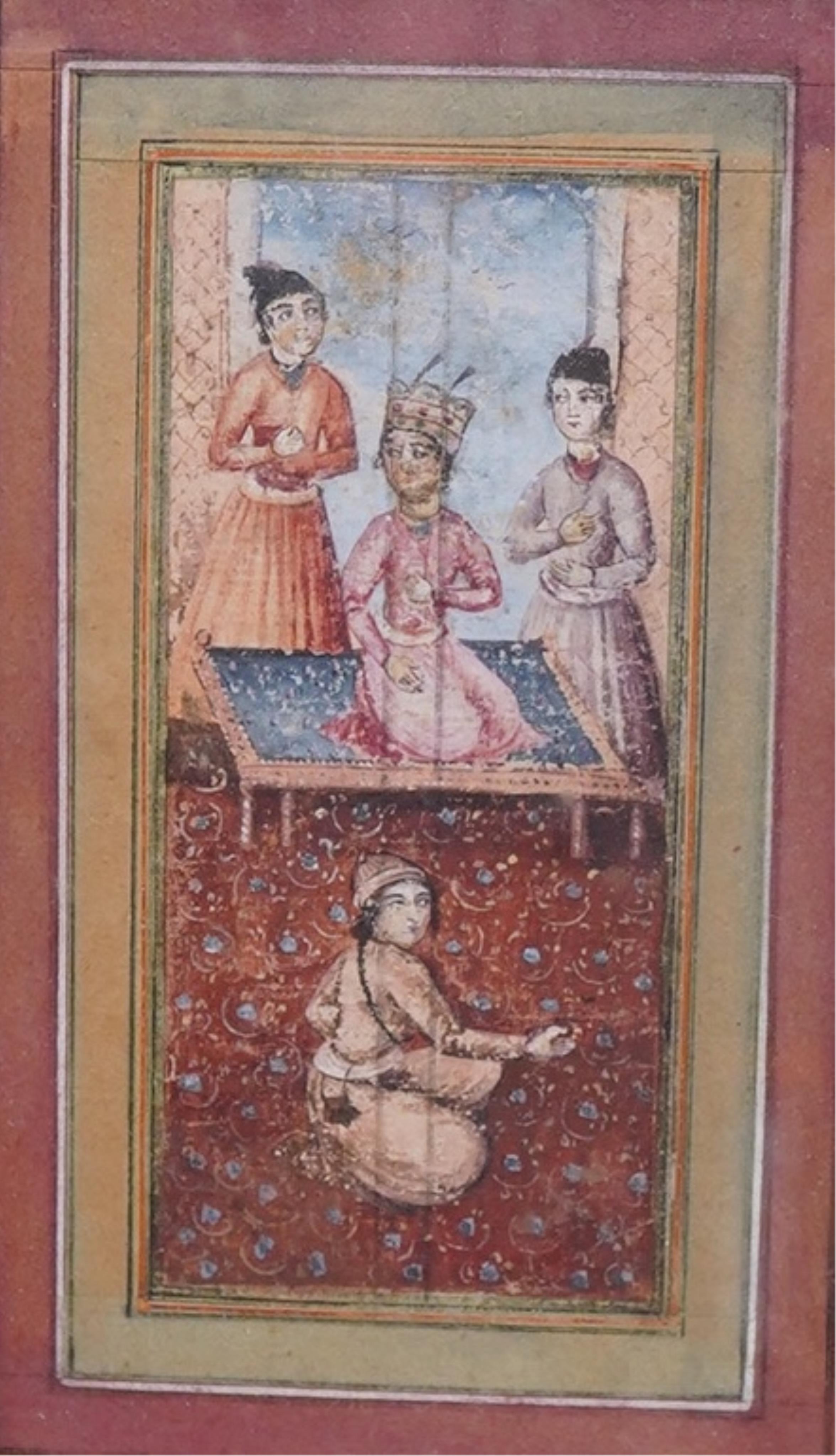 19th century Indian School in Moghul style, watercolour on card, Nobleman and attendants, 11 x 5cm, overall visible sheet 17 x 10.5cm. Condition - fair